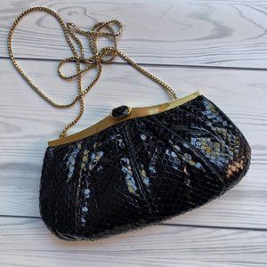 Judith Leiber Vintage Black Snakeskin Print Leather Evening Clutch Bag Purse
